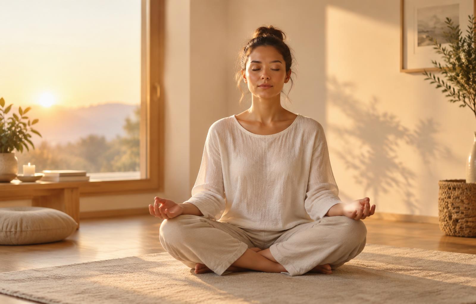 A person meditating peacefully in a warm, softly lit room at sunrise