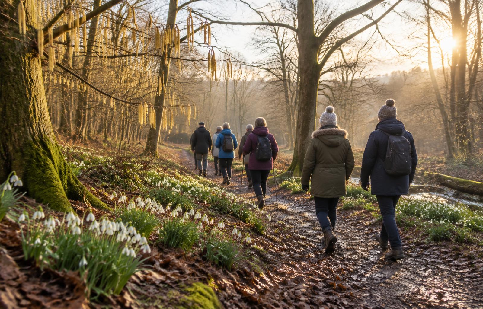 A group wellness walk through a winter woodland with snowdrops and soft morning light