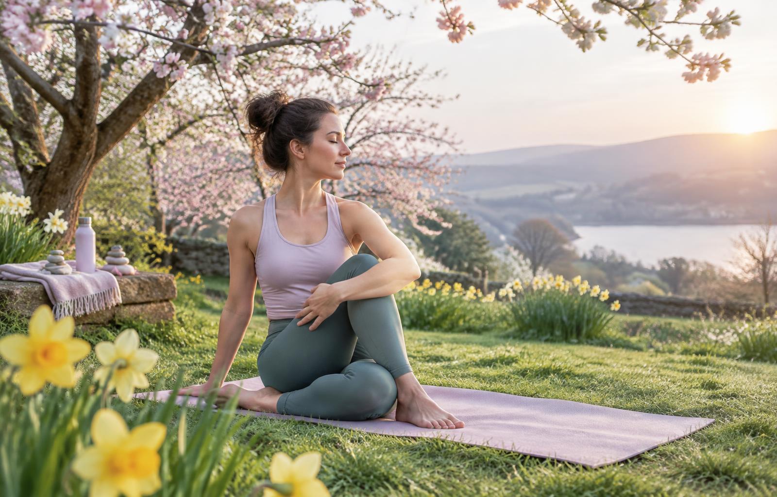 A woman practising gentle yoga outdoors among spring blossom and daffodils