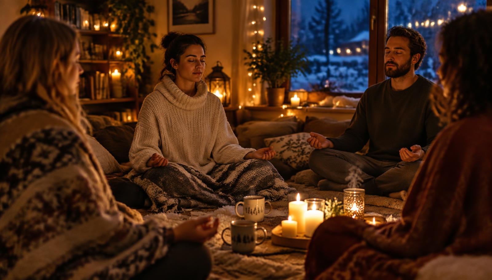 Group of people meditating together by candlelight on a winter evening